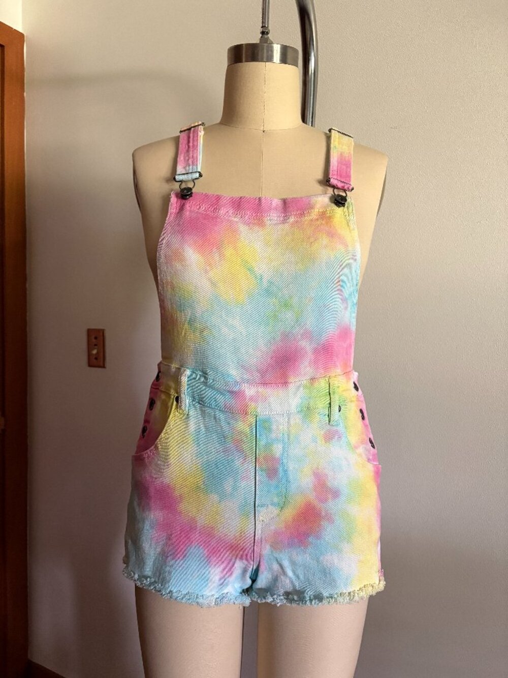 Vibrant Pastel Tie-Dye Shortalls / Denim Overall Shorts